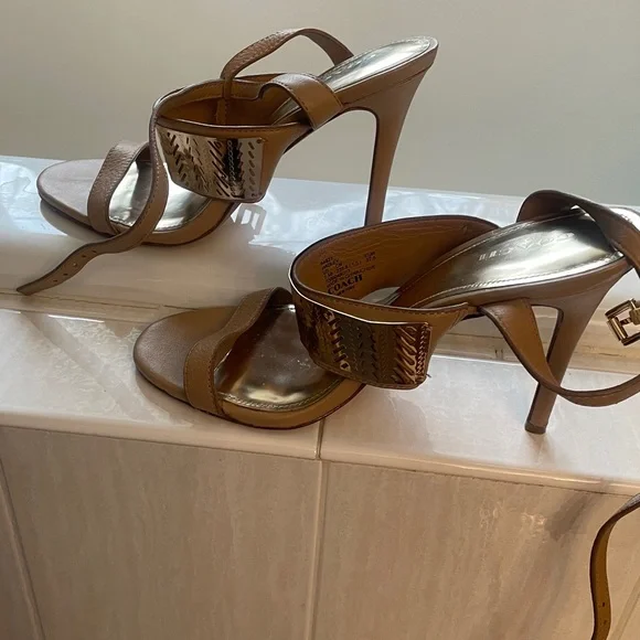 Coach Brown and Gold Strappy Heels - Picture 5 of 9